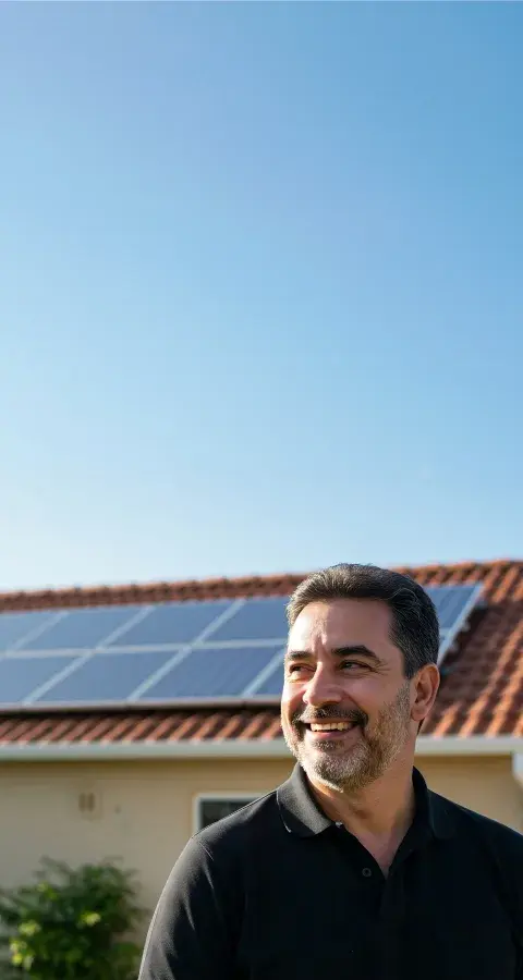 Homem sorrindo em frente a uma casa com painéis solares no telhado